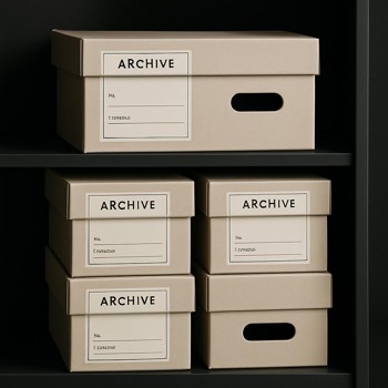 Labelled archive boxes stacked on a dark studio shelf