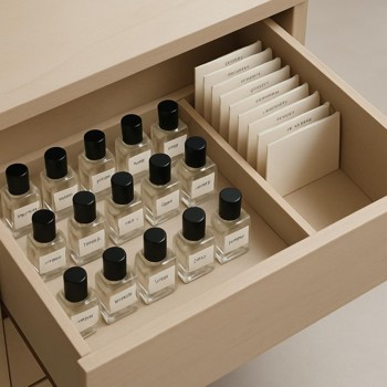 Open drawer filled with neatly arranged perfume bottles and labels
