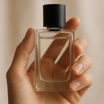 Hand holding a perfume bottle in a hallway filled with soft light