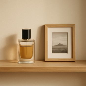 Perfume bottle standing on a living room shelf among books