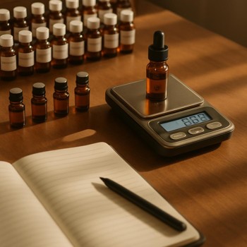 Perfume bench in the afternoon with scales, vials and notes