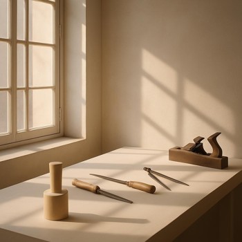 Morning light entering the atelier and falling across the bench