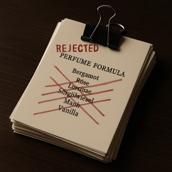 Stack of crossed-out perfume formula pages clipped together