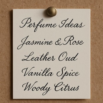 Close view of handwritten perfume ideas on a small index card