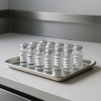 Metal tray with small labelled vials waiting on the edge of the bench