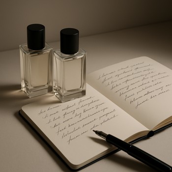 Glass perfume bottles standing beside an open notebook with handwritten notes