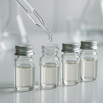 Perfume oils in small vials with a dropper above them