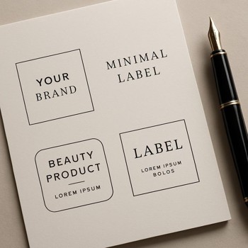 Sheet of printed perfume labels with a pen resting on the edge