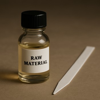 Close view of a labelled raw material bottle and a scent strip