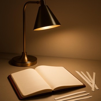 Warm desk lamp shining on perfume strips and a notebook