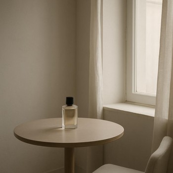 Quiet corner by a window with a small table and perfume bottle