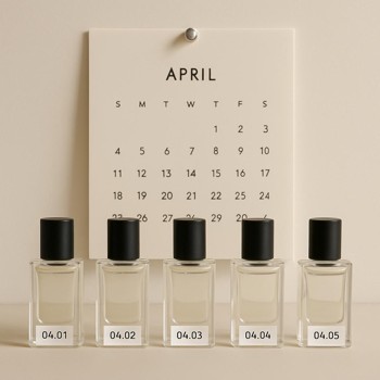 Perfume bottles standing in a row with a small calendar pinned above