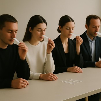 Small group of people smelling scent strips at a long table