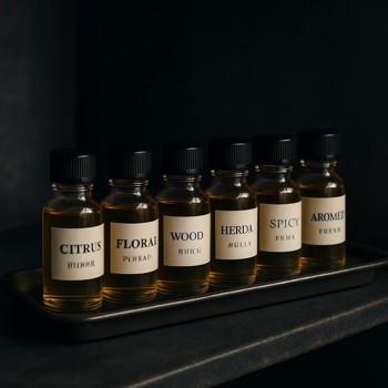 Perfume blends resting in labelled glass bottles on a tray
