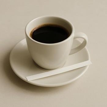 Coffee cup beside a single scent strip on a small saucer