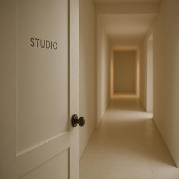 Softly lit corridor seen through a half-open studio door