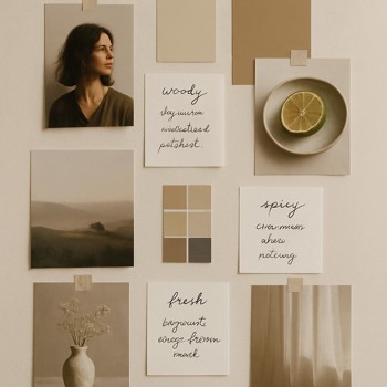 Studio wall covered with taped photos, colour patches and short scent notes