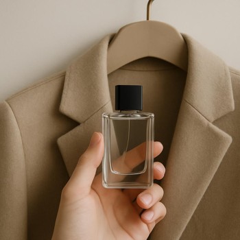 Perfume bottle held near a hanging coat for a fabric test