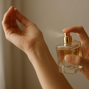 Perfume being sprayed onto the inside of a wrist for testing