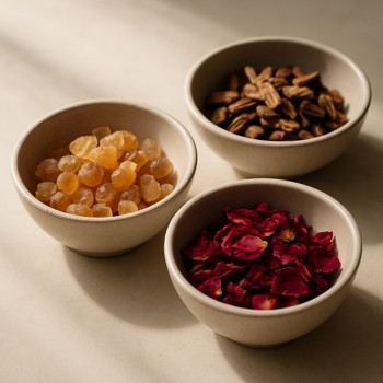 Small bowls with resins, dried petals and woods for building accords