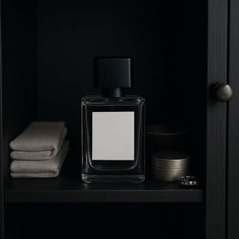 Perfume bottles stored upright in a dark cabinet