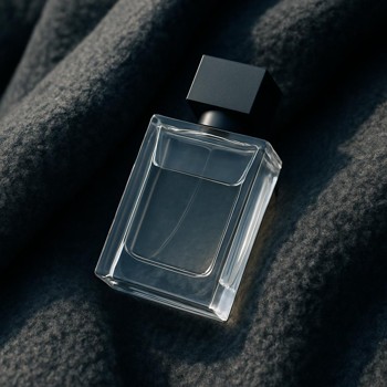 Perfume bottle resting on a heavy coat in cold outdoor light
