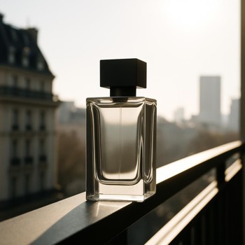 Perfume bottle on a balcony rail in bright city sunlight