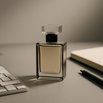 Minimal perfume bottle on a desk near a keyboard and notebook