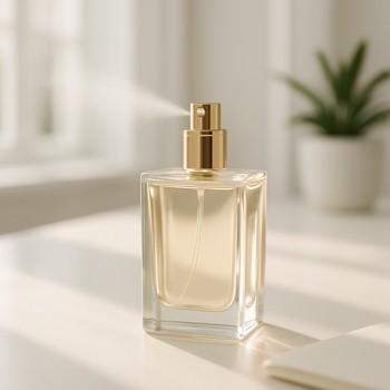 Perfume bottle on a bright desk next to a notebook