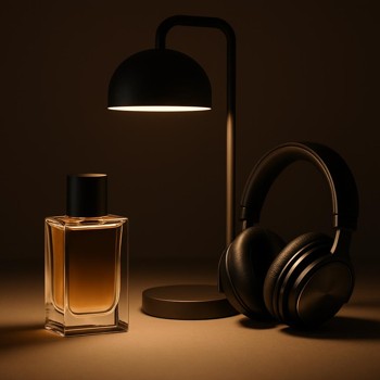 Perfume bottle placed beside a small desk lamp and headphones