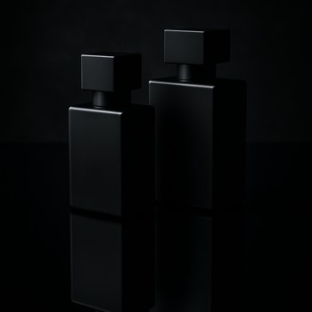 Two darker perfume bottles reflected in a polished black surface