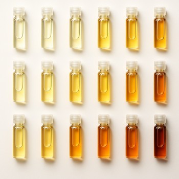Grid of small sample vials filled with different perfume shades