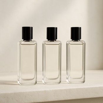 Three slim perfume bottles for everyday wear lined up on a stone ledge