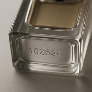 Close view of a batch stamp on the bottom of a perfume bottle