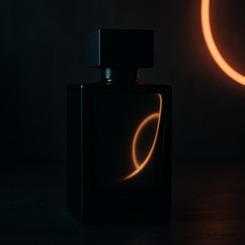 Perfume bottle in a dark room lit by neon reflections