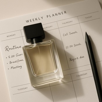 Perfume bottle resting on a weekly planner with handwritten notes