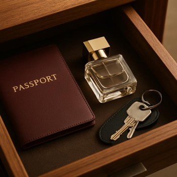Small perfume bottle tucked into a drawer beside travel items