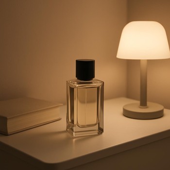 Perfume bottle on a bedside table next to a book and lamp