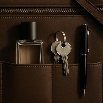 Perfume bottle inside a briefcase pocket with keys and pen