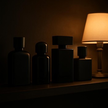 Perfume bottles displayed on a darker shelf with warm lamp glow