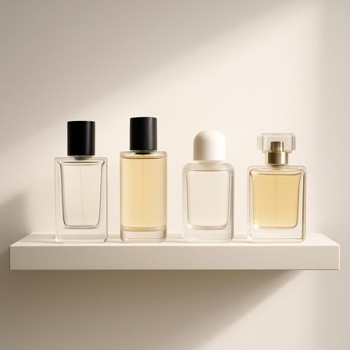 Mixed perfume bottles standing on a pale shelf under soft light