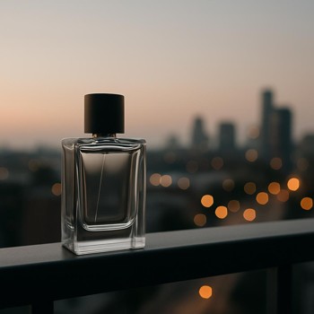 Perfume bottle on a balcony rail with city lights in the distance
