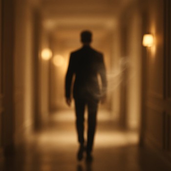 Person walking down a softly lit corridor leaving a faint perfume trail