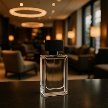 Perfume bottle placed in a hotel lobby lounge area