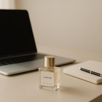 Small perfume bottle on a calm desk setup with a laptop and notebook