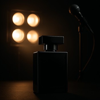 Perfume bottle near stage lights and a microphone stand