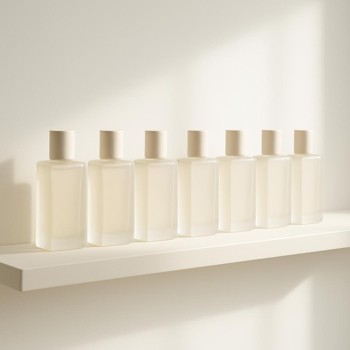 Perfume bottles lined up on a narrow floating shelf