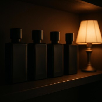 Row of darker perfume bottles on a dimly lit shelf