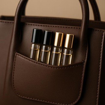 Slim travel perfume vials peeking out of a small bag pocket