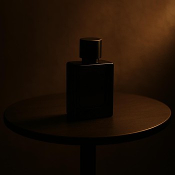 Perfume bottle on a small round table with dim evening light